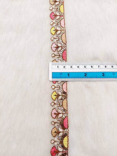 White Tissue Fabric Trim In Multicoloured Floral Embroidery With Matt Gold Sequins, Lace Trim By 9 Yards Indian Decorative Trim, Ribbon